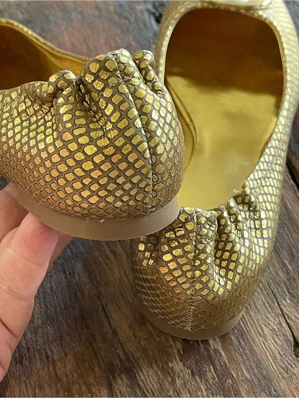 Tory Burch Reva Metallic Gold Snakeskin-Print Logo Ballet Flats Sz 6.5 Leather